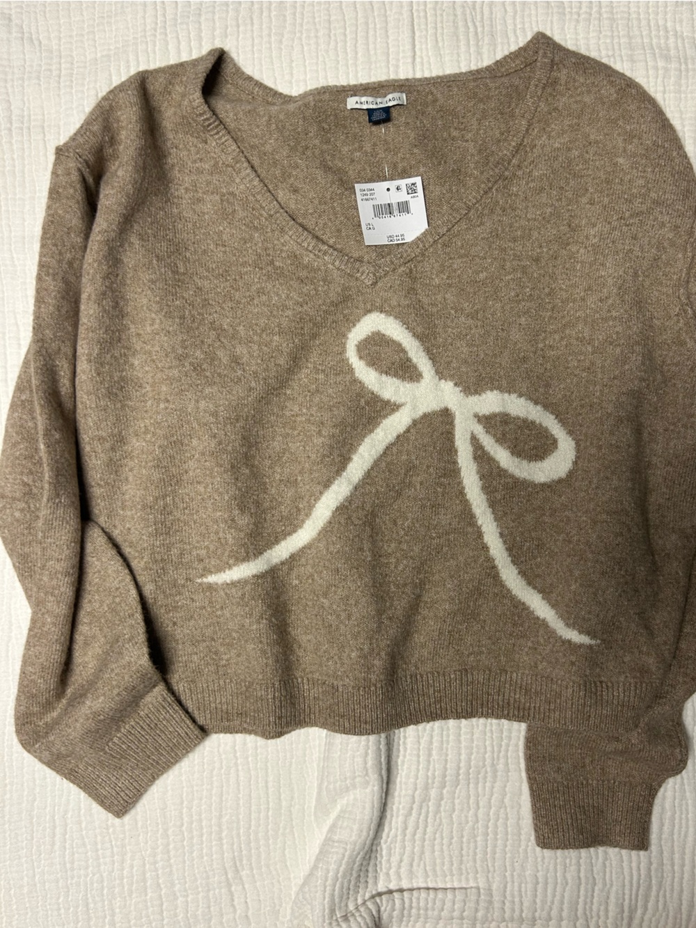 American Eagle Outfitters Taupe Sweater with Cream Bow Detail
